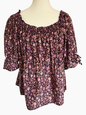 Old Navy Navy/Pink Floral Square Net Smocked Back Summer Casual Top-Sz-XL